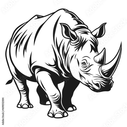 Black and white illustration of a powerful rhinoceros with a large horn
