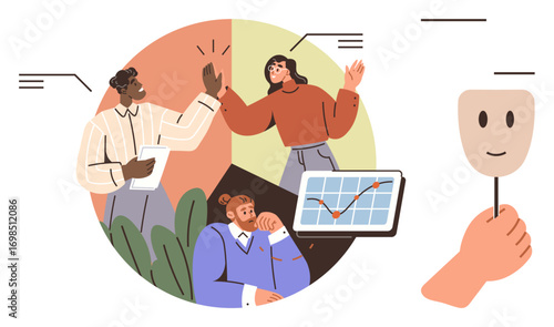 Team brainstorming ideas, high-fiving for success, chart analyzing progress, mask representing emotions. Ideal for teamwork, collaboration, productivity, motivation, emotional intelligence growth