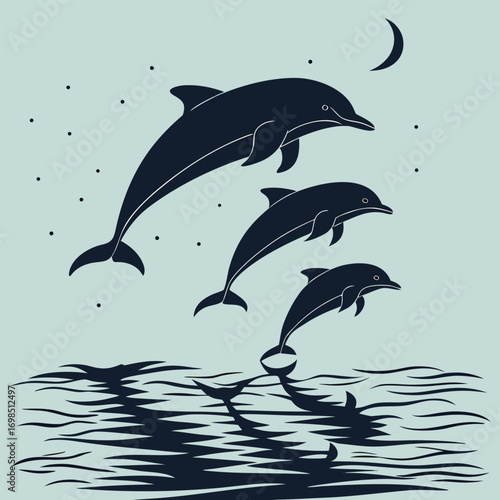 dolphins leaping gracefully under a crescent moon sky