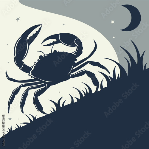 a crab under moonlight with stars and grass around