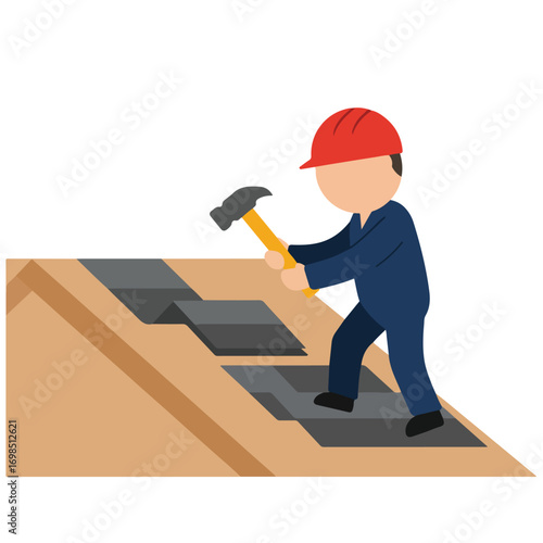 Roofer repairs roofing with a hammer,wearing a hardhat