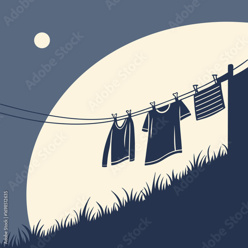 clothes drying under moonlight on a calm night scene