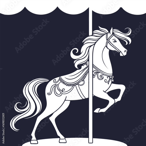 a majestic carousel horse spinning under canopy lights
