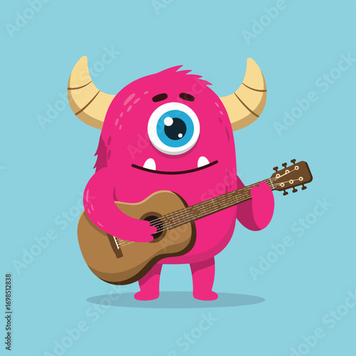 Cute pink monster plays guitar