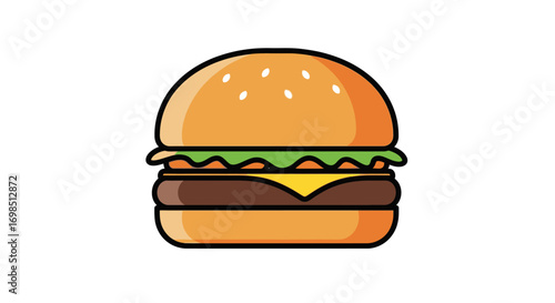 An illustration of a classic cheeseburger with beef, lettuce, cheese, and tomato on a sesame seed bun, isolated on a white background
