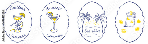 Summery illustrations of drinks and beach scenes for vacation branding. This image set features three charming, hand-drawn illustrations evoking a relaxed summer vibe.