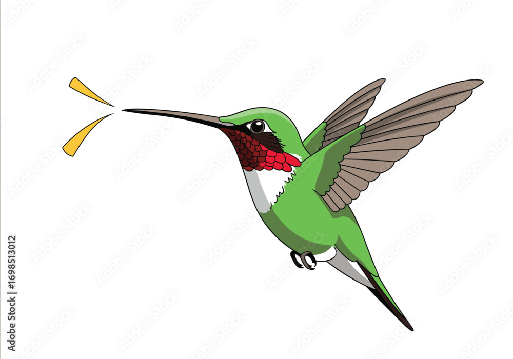Obraz premium Tiny ruby throated hummingbird drinking nectar from a yellow flower