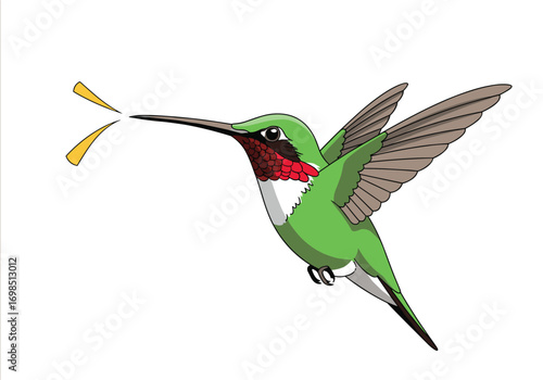 Tiny ruby throated hummingbird drinking nectar from a yellow flower