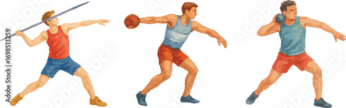 Collection of watercolor illustrated various atheletes such as discus thrower, javelin thrower and short putter