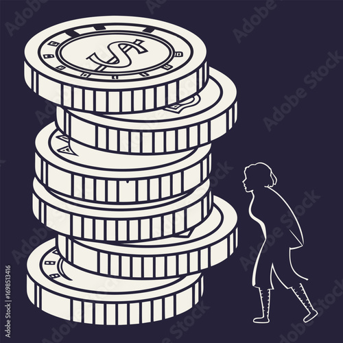a silhouette figure stands near towering stack of coins