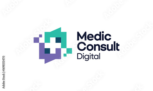 Pixelated health emblem alongside text branding