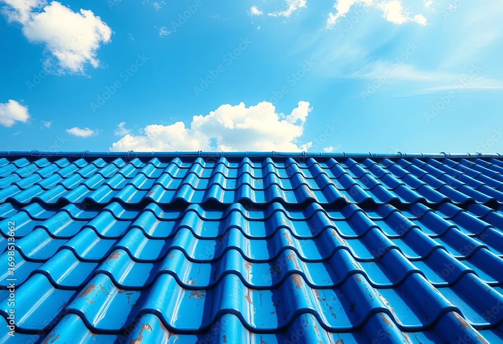 Naklejka premium Azure sky reflected on a vibrant blue rooftop, color, structure