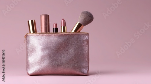 Commercial still life of open cosmetic bag with visible contents, soft light on materials, pink background