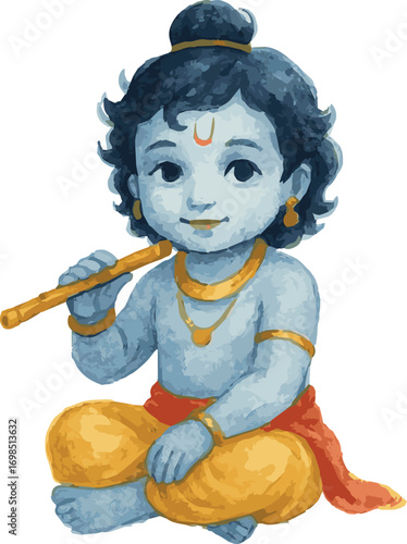 Vector realistic watercolor illustration of a little krishna janmashtam