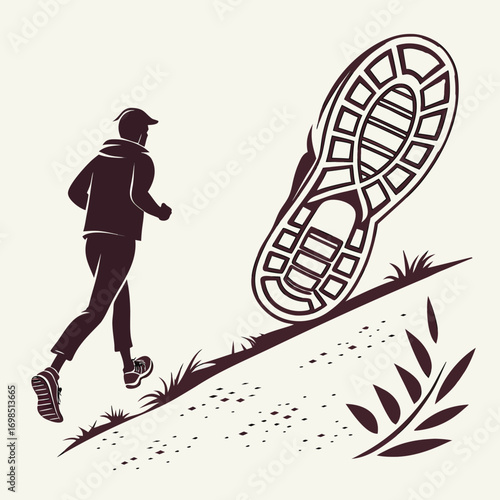 runner silhouette alongside detailed shoe print on grassy path