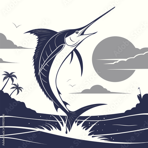 a majestic marlin leaps from ocean waves under cloudy sky