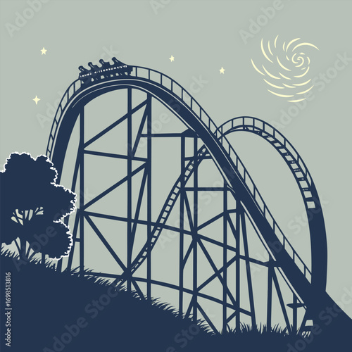 a thrilling roller coaster ride under night sky stars