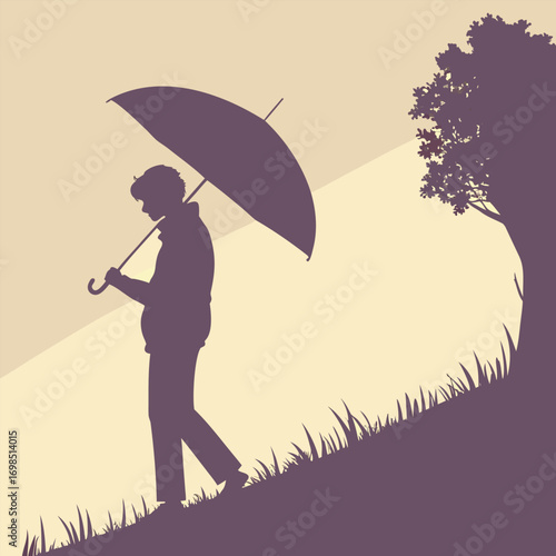 a man holding umbrella walking towards tree silhouette