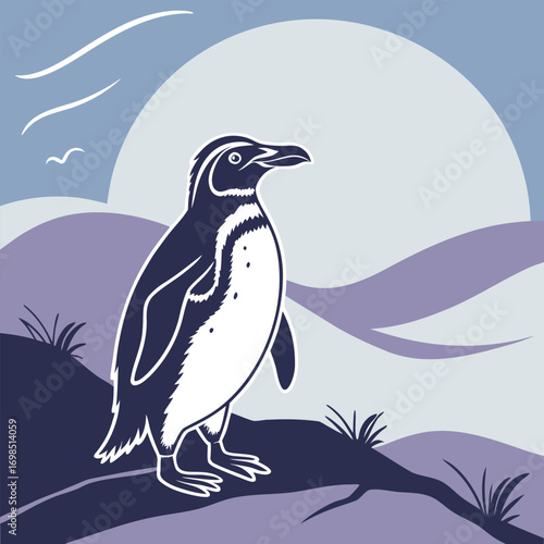 a penguin standing on rocks under a large moon