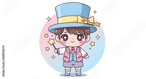 Adorable chibi magician boy character illustration holding a magic wand. Cute cartoon kid performer in a top hat, perfect for children's designs and fantasy themes