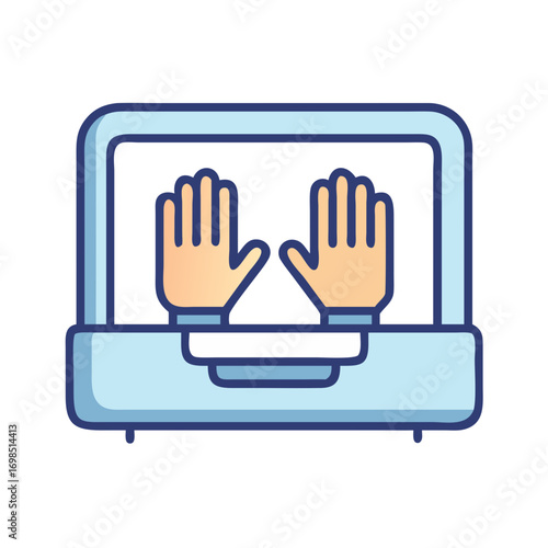 Hands sanitizing in box with blue border, digital vector
