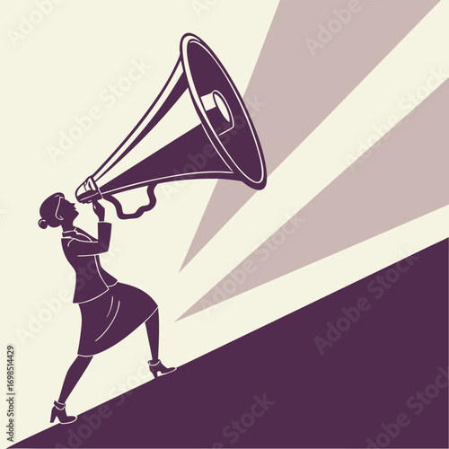 a woman shouting into large megaphone with rays emanating