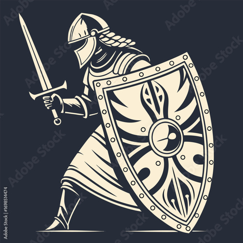 a medieval knight holding sword and shield ready for battle