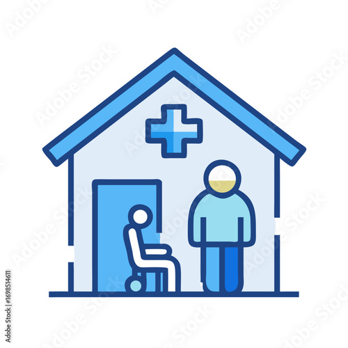 Healthcare building with patient in wheelchair and medical staff