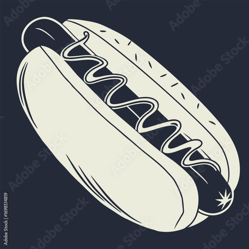 a delicious hot dog with squiggly mustard lines inside bun