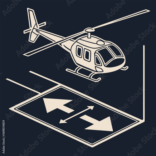 helicopter hovering above directional arrows on dark background