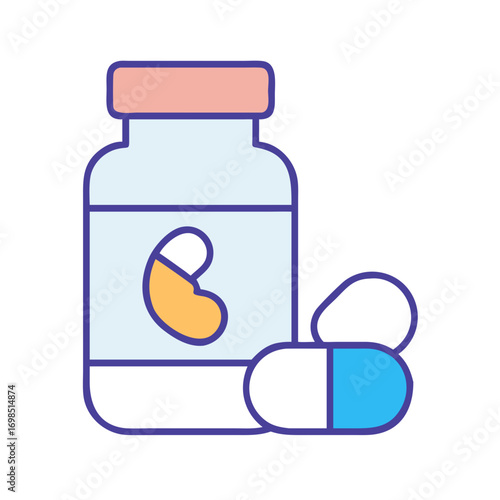 Illustrated medication bottle and capsules on a black background