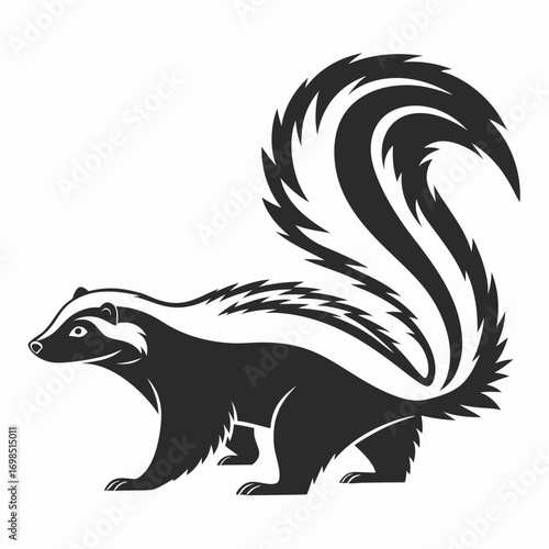 Stylized black and white illustration of a skunk with a bushy tail