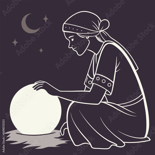a woman gazing into crystal ball under crescent moon