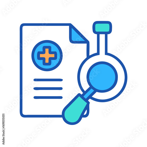 Medical report analysis using magnifying glass symbol on black