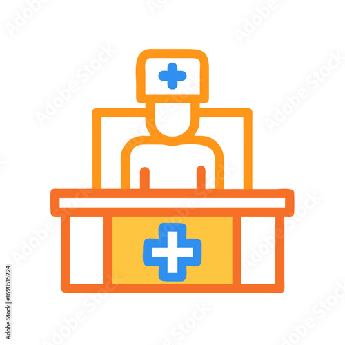 Flat vector illustration of medical staff behind reception desk