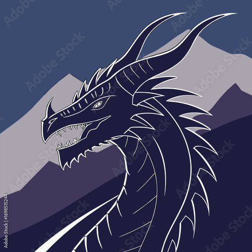 a majestic dragon silhouette against misty mountain peaks