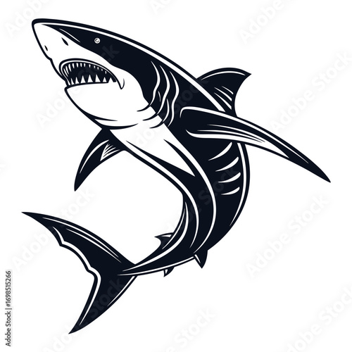 Aggressive shark illustration with sharp teeth and fins