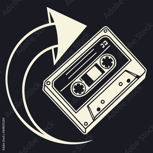 a cassette tape with arrow indicating rotation movement