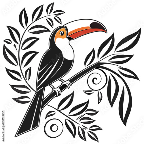 Stylized toucan perched on a branch with leaves