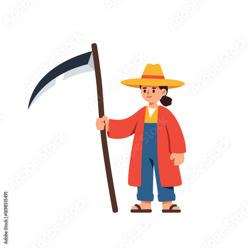 Cartoon illustration of farmer with scythe, overalls and hat