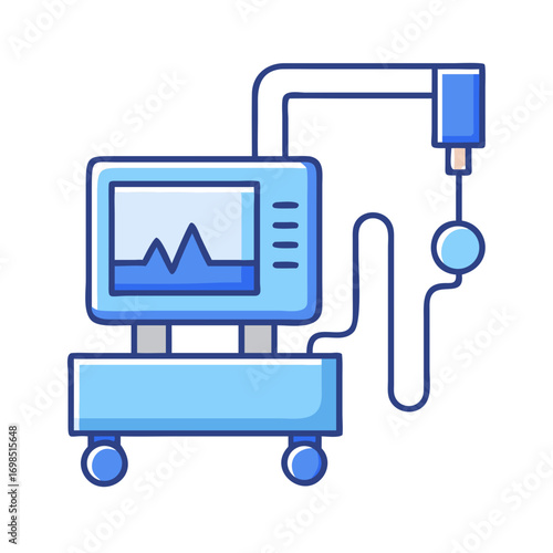 Stylized medical monitor on wheels with a sensor, dark background