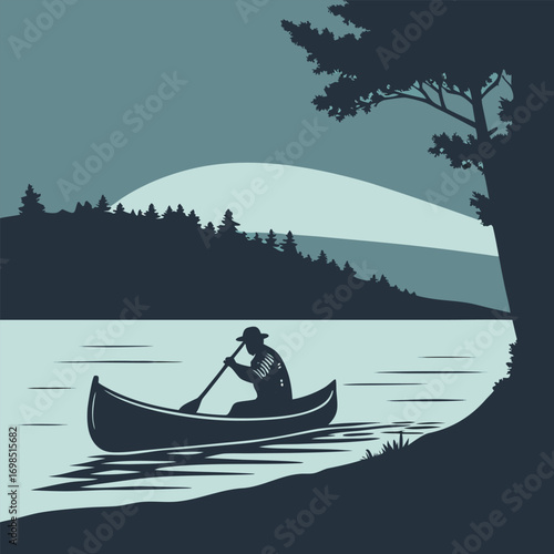 a lone fisherman paddles his canoe under a serene night sky