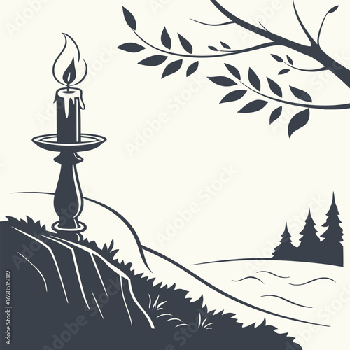a candle on hillside with trees and branches above