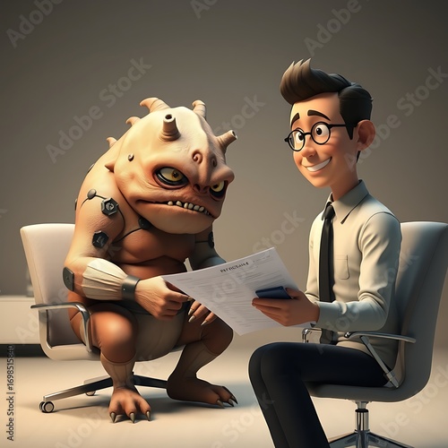 A cartoon-style humanoid and a monster are in a business interview setting, with a humorous undertone.