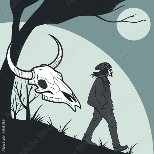 a lone figure walks past a skull under moonlight