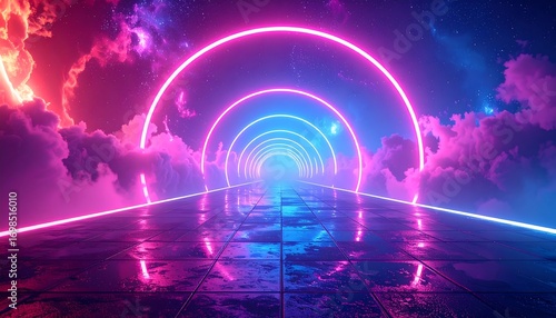 Fototapeta Naklejka Na Ścianę i Meble -  Neon tunnel through clouds