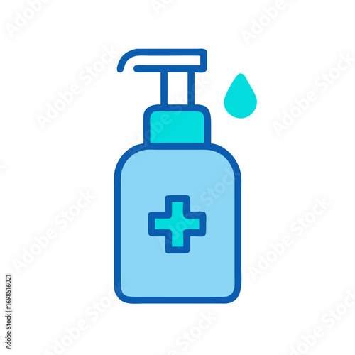Blue sanitizer bottle with a plus sign and drop