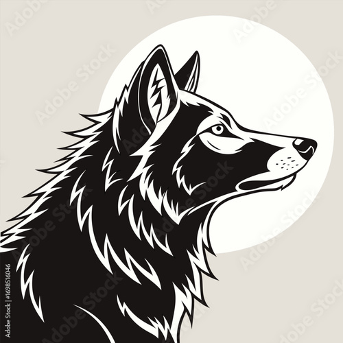 a detailed black and white illustration of a wolf s profile