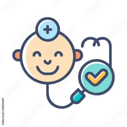 Cute baby doctor with stethoscope and check mark graphic