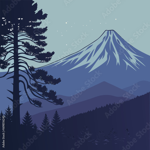 a serene night view of mountain peaks surrounded by dense forest